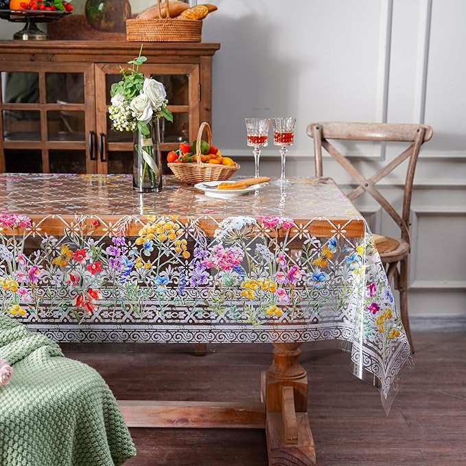 ARTABLE Clear Table Cover Protector Vinyl PVC Rectangle Table Cloth with Floral Print Pattern Oil Proof Wipe-able Plastic Tablecloths for Dining Tables Parties Holidays (Flowers, 55 x 120 Inches)