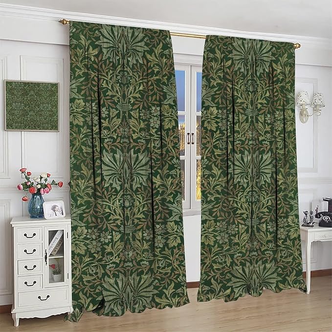 Bohemia Art Blackout Window Curtains, William Morris Original Design Green Garden Vintage Curtains, for Living Room Bedroom 36(W)*63(L) 2 Panels
