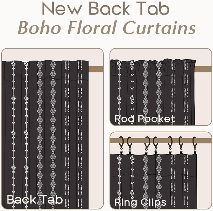 Black Sheer Curtains Linen Dark Floral Print Modern Vintage Witchy Gothic Curtains for Bedroom Living Room 96 Inches Long