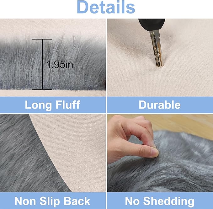15.7 Inch Grey Mini Round Faux Fur Sheepskin Rugs Small Fluffy Circle Rug for Bedroom Dorm Living Room Shag Circular Carpet Mini Small Size for Nail Desk Sofa Couch Seat Cushion Photographing
