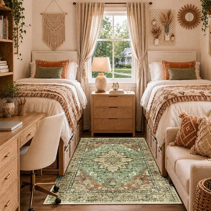 RELEANY Area Rugs 4'x6' Washable Non-Slip, Floral Vintage Distress Medallion Carpet for Living Room Bedroom Dining Room, Terracotta Burnt Orange Green