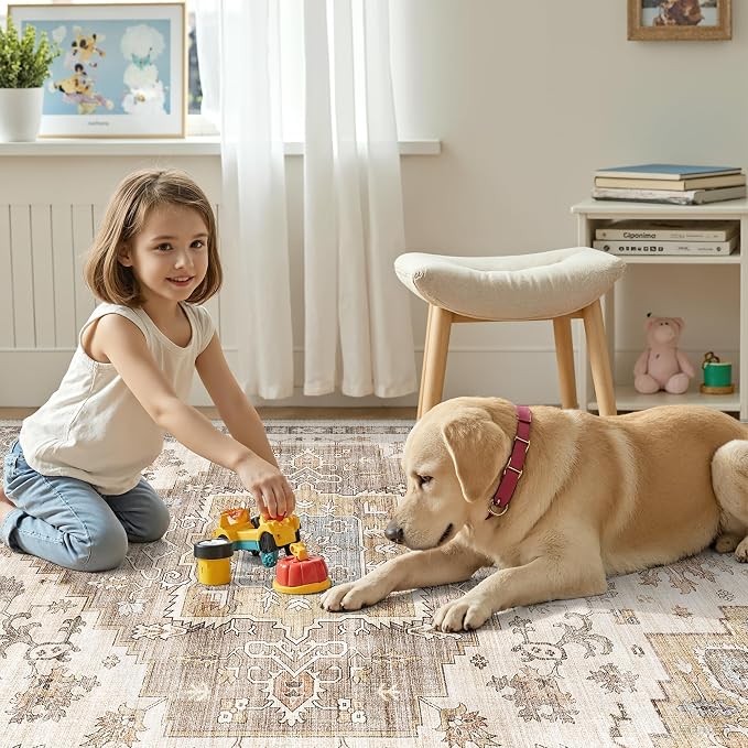 Washable Area Rugs for Living Room 9x12 Neutral Vintage Floral Farmhouse Boho Large Soft Floor Rug Indoor Non Slip Carpet for Bedroom Dining Room Brown