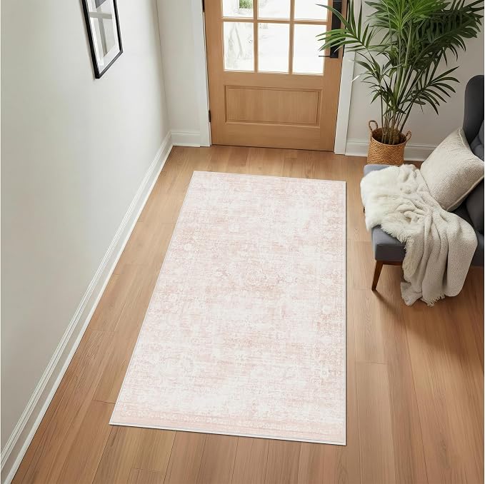 Homemate Washable Rug 4x6 Area Rugs - Vintage Faux Wool Rugs for Living Room Bedroom Dining Room - Non Slip Foldable Carpet Indoor Area Rug for Home Decor（4'x6', Pink