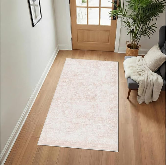 Homemate Washable Rug 4x6 Area Rugs - Vintage Faux Wool Rugs for Living Room Bedroom Dining Room - Non Slip Foldable Carpet Indoor Area Rug for Home Decor（4'x6', Pink