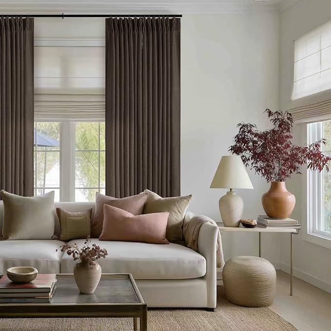 TWODRAPES Dark Chocolate Pinch Pleated Linen Curtains 2 Panels for Living Room Bedroom Memory Training Shaped Semi Sheer Pleat Drapes with Hooks Rings Light Filtering Window Curtain 40x108