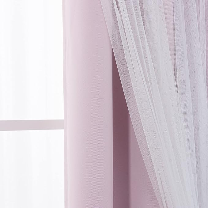 INLINAS Pale Pink Blackout Curtains with Sheer Overlay - Grommet Top Thermal and Noise Reduction Panels for Bedroom and Living Room Light Blocking and Energy Saving, 37 x 63 Inches, Set of 2