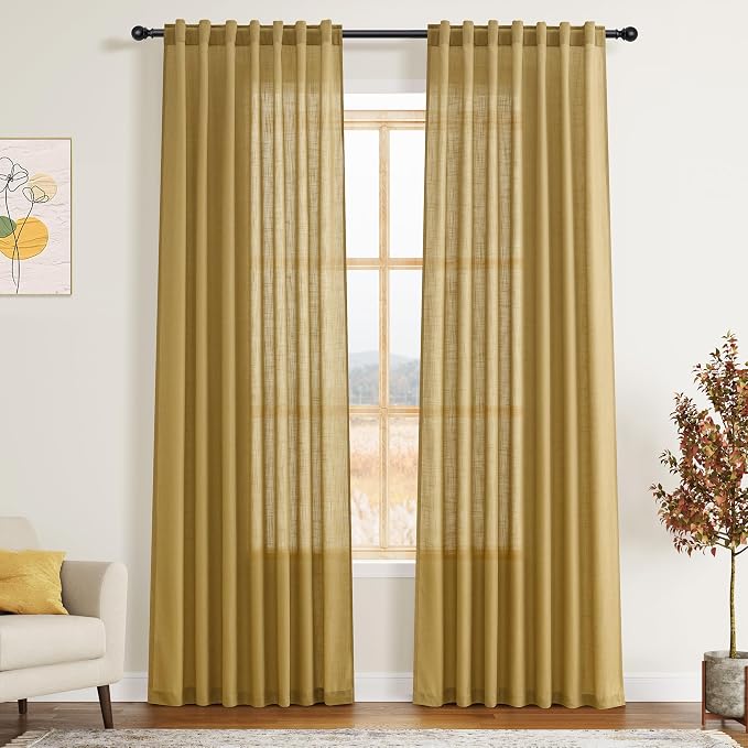 Nanspring Gold Linen Curtains 84 Inch Length 2 Panels Set for Living Room Rod Pocket Back Tab Light Filtering Window Drapes for Bedroom Dining Room Protect Privacy Modern Farmhouse Decor 52x84