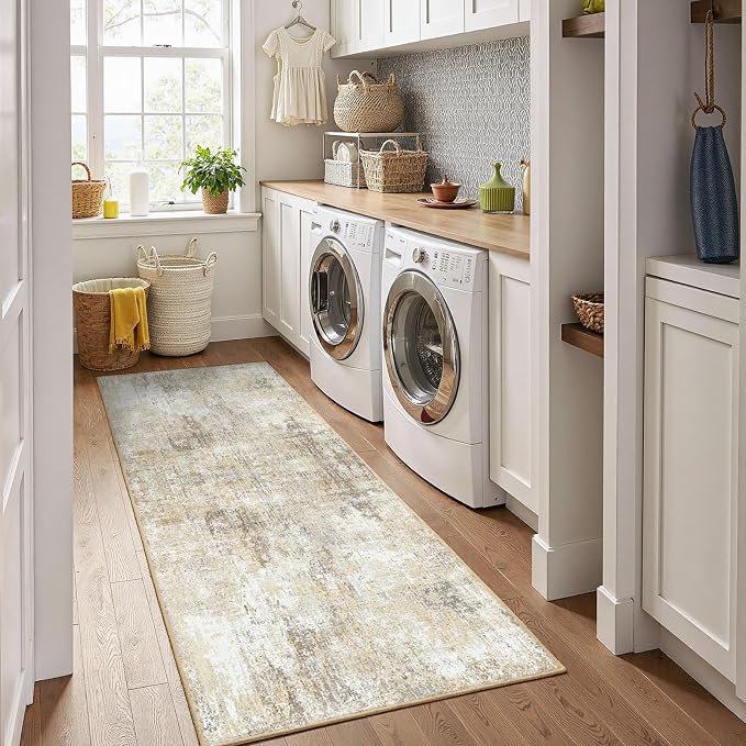 RELEANY Washable Area Rugs 2'x8' Non-Slip Modern Abstract Soft for Living Room Entryway Bedroom Kitchen, Print Pattern, Neutral Brown Gray