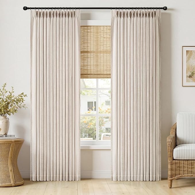 MIULEE Pinch Pleated Thick Linen Curtains 96 Inches Long 2 Panels for Living Room Bedroom, Memory Trained Pleat Drapes Light Filtering Cream Ivory Semi Sheer Window Curtains Hooks Rings Back Tab