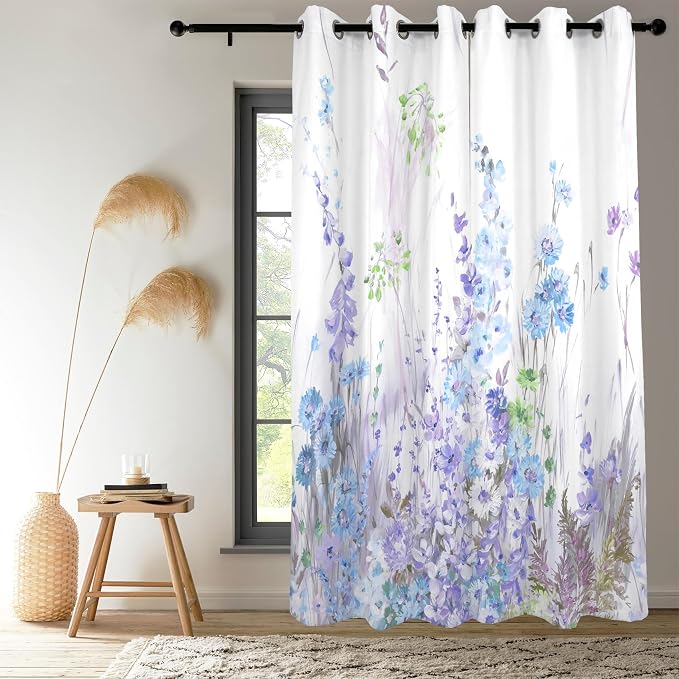 Renaiss Purples Blue Floral Print Blackout Curtains, Pastel Wild Flowers Thermal Insulated Bedroom Window Curtains, Spring Floral Art Window Drapes for Living Room, 96" L x 42" W 2 Panel Set