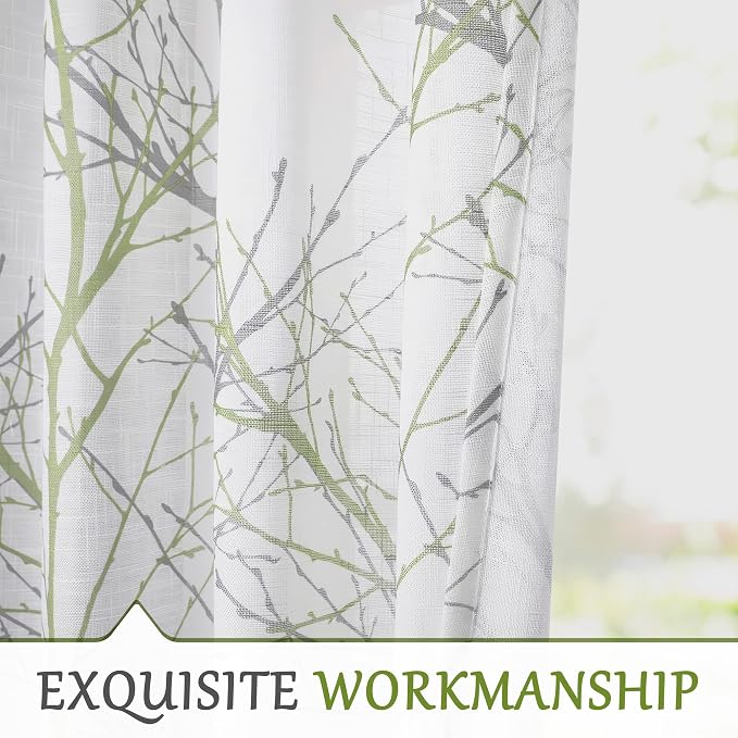 FMFUNCTEX Linen Semi Sheer Curtains for Bedroom, Sage Green White Curtains 108 Inches Long for Living Room, Grey Tree Branch Print Curtain Light Filtering Extra Long Drapes, Grommet Top 2 Panels