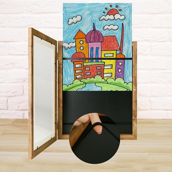 iRahmen Kids Art Frames 10x12.5 - Front Opening Childrens Picture Frame Changeable, Wood Artwork Display Storage for Wall Mount, Magnetic Door Holds 50 Art Pieces for Drawings, 3D Picture, Crafts, Portfolio, Brown