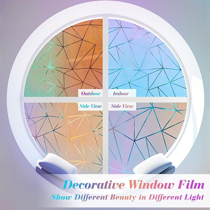 Coavas Rainbow Window Privacy Film, Frosted Glass Static Cling, Decorative for Bathroom Door, UV Blocking Window Cling, Non-Adhesive Vinyl Sticker, Day and Night Windows Tint for Home, 35.4x78.7 Inch