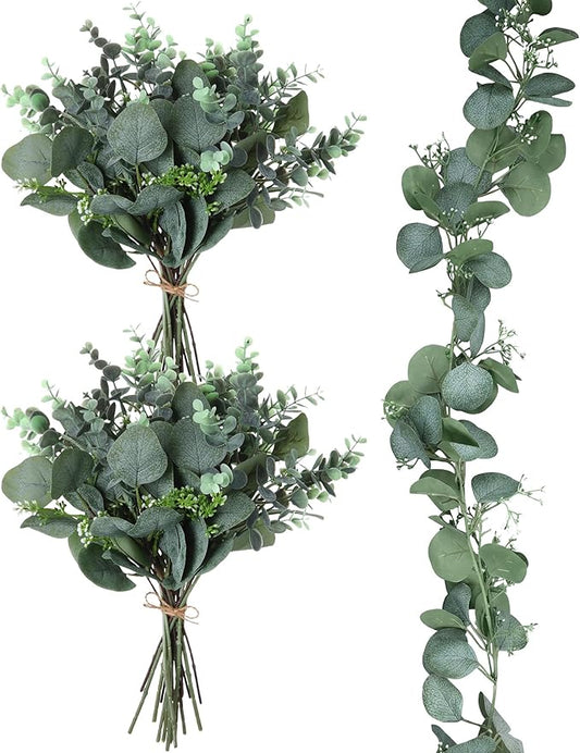 20 Pcs Eucalyptus Leaves Stems and Eucalyptus Garland 6.56 ft Artificial Silver Dollar Leave Picks Faux Branches Greenery Bouquet for Front Door Wedding Centerpiece Arch Wall Decoration Vase Filler