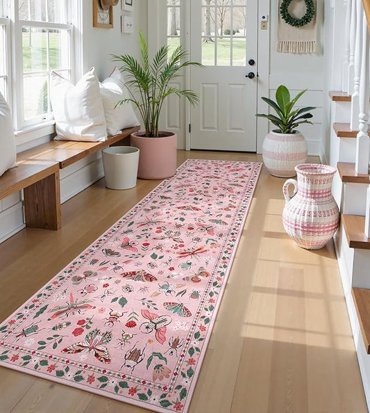 Lahome Insect Hallway Runner Rug, 2'5''x8' Ultra-Thin Washable Runners for Hallways Kitchen, Soft Laundry Room Rug Non-Slip Long Carpet for Entryway Bedroom Bathroom Vionnet, Pink