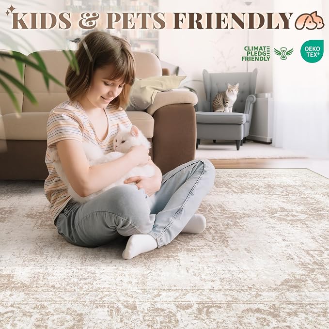 Area Rug 2x8 Runner Rug: Washable Vintage Hallway Rugs Indoor Medallion Rug Low Pile Distressed Floor Carpet Retro Accent Rugs for Kitchen Bedroom Bathroom Dining Room(Beige, 2'x8')