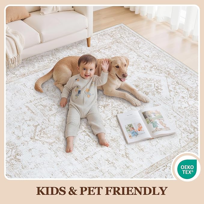 9x12 Area Rugs for Living Room:Beige Washable Vintage Medallion Rug Non-Slip Soft Low Pile Large Rugs Indoor Retro Carpet for Bedroom Kitchen Nursery Dining Table Office (Beige, 9'x12')