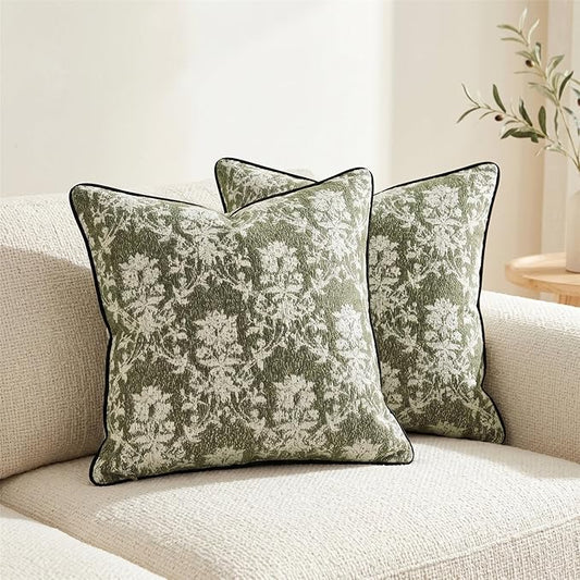 18x18 Inch Vintage Vine Floral Pillow Covers Set of 2, Boho Woven Cushion Cases with Velvet Backing and Corded Piping for Couch Sofa Home Decor, Olive Green
