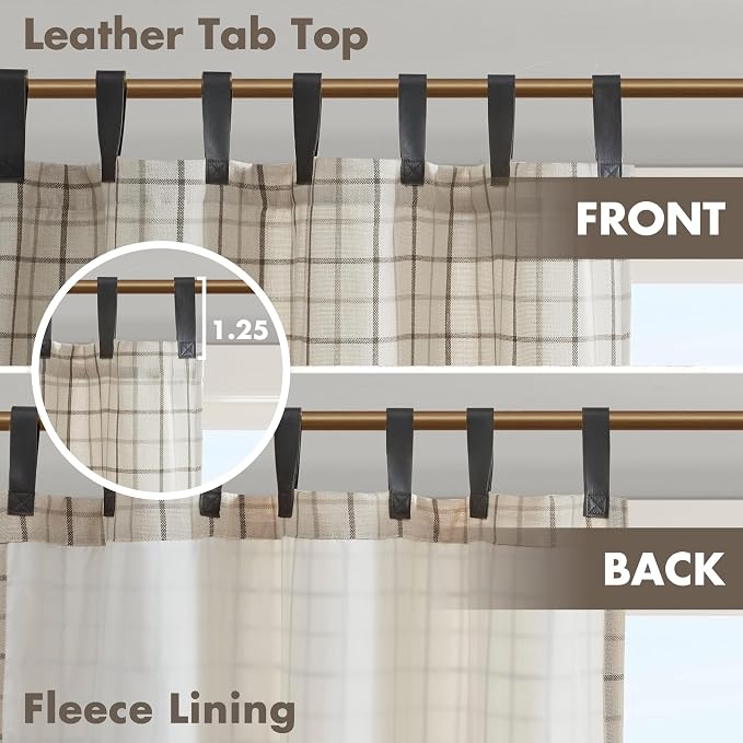 Madison Park Anaheim Cabin Plaid Curtain Window, Thermal Insulated Fleece Lining, Living Room Decor Room Darkening Drape for Bedroom, 1-Single Panel Pack, 50x108 Faux Leather Tab Top, Natural