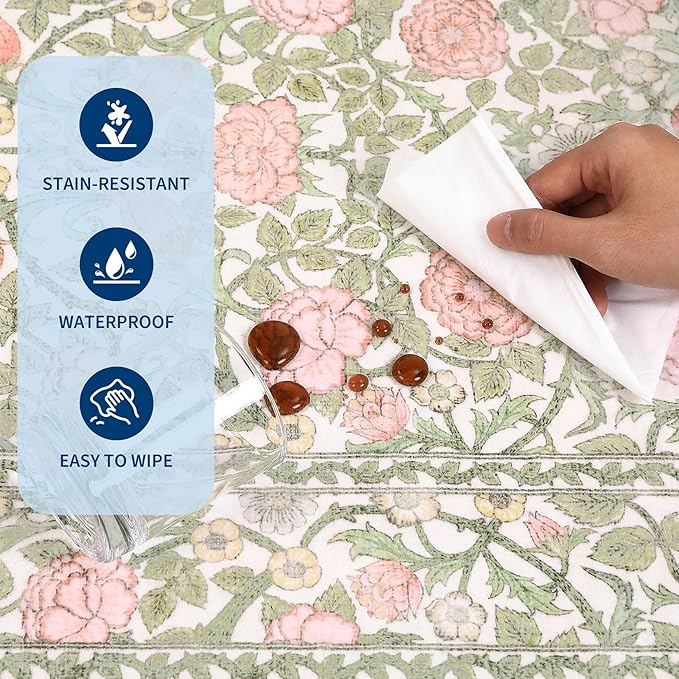 GarveeHome Pink and Green Vintage Floral Washable Rugs 8x10 for Living Room Boho Retro Botanical Rug Low Pile Stain Resistance Non Slip Carpet for Bedroom Nursery Dining Room