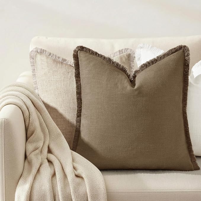 decorUhome Linen Fringe Throw Pillow Covers Set of 2 Decorative Light Brown Pillow Covers with Tassels Soft Accent Boho Farmhouse Pillow Cases for Couch Bed Sofa 20x20 Inch