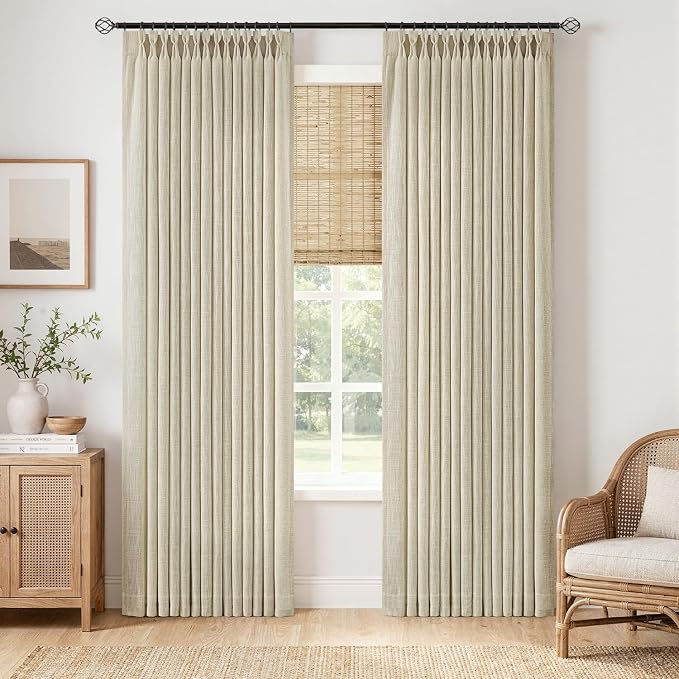 MIULEE Pinch Pleated Thick Linen Curtains 96 Inches Long 2 Panels for Living Room Bedroom, Memory Trained Pleat Drapes Light Filtering Linen Beige Semi Sheer Window Curtains Hooks Rings Back Tab