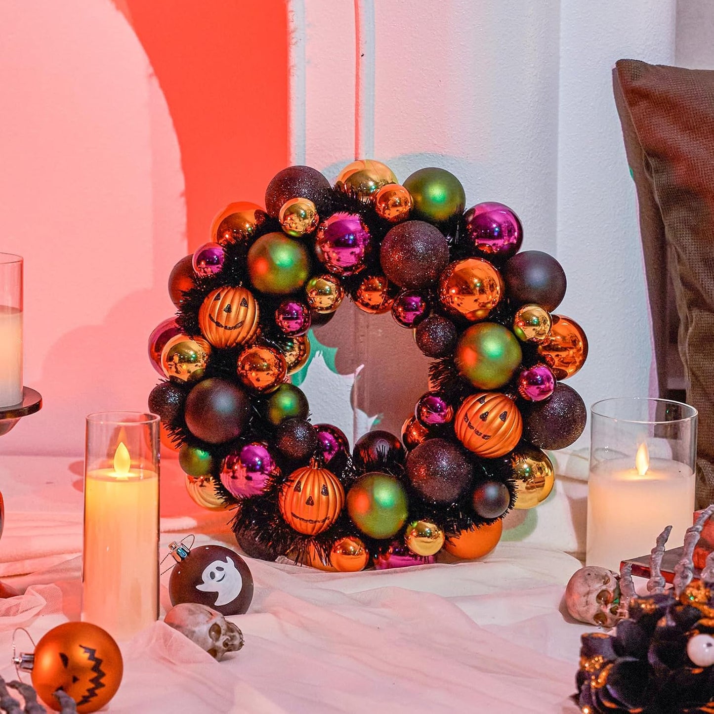JORNOY 13inch Small Halloween Ball Wreath with Ghost&Pumpkin Accents - Seasonal Orange/Black Wall Hanging, Front Door, Mantel, Porch Decor for Home