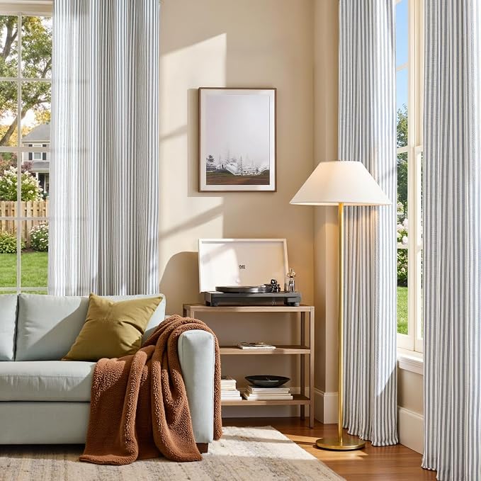 jinchan Linen Curtains 90 inch Blue Stripe on Beige Grommet 2 Panels | Curtains for Living Room Bedroom,Ticking Stripe Pattern,Pinstripe Farmhouse Rustic,Window Treatment,Light Filtering