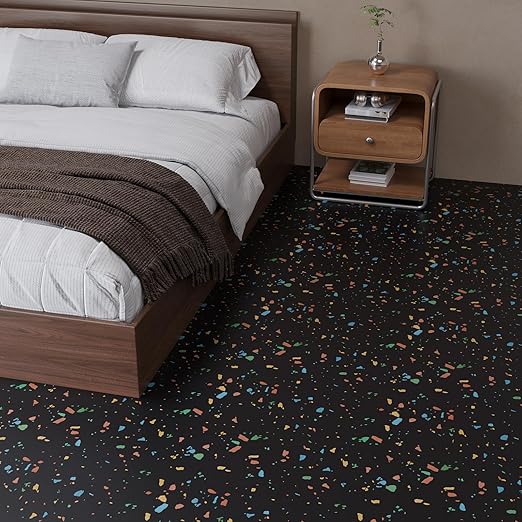 VaryPaper 20 Pack 12"x12" Colorful Black Terrazzo Floor Tiles Peel and Stick Waterproof Self Adhesive Vinyl Tile Flooring Sticky Tiles for Floor Bathroom Removable Temporary Flooring for Renters
