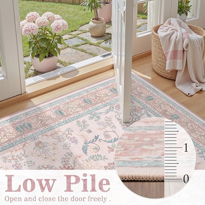DCX 3x5 Pink Vintage Floral Rug, Machine Washable Non Slip Low Pile Carpet for Girl’s Bedroom, Nursery, Dorm, Kid & Pet Friendly Soft Stain Resistant Rug