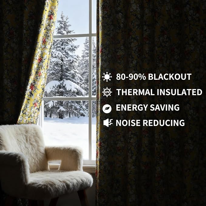 Estelar Textiler Mustard Yellow Velvet Blackout Curtains 90 inches Long 2 Panels for Bedroom, Luxury Vintage Floral Pattern Thermal Insulated Room Darkening Grommet Drapes for Living Room, 52Wx90L