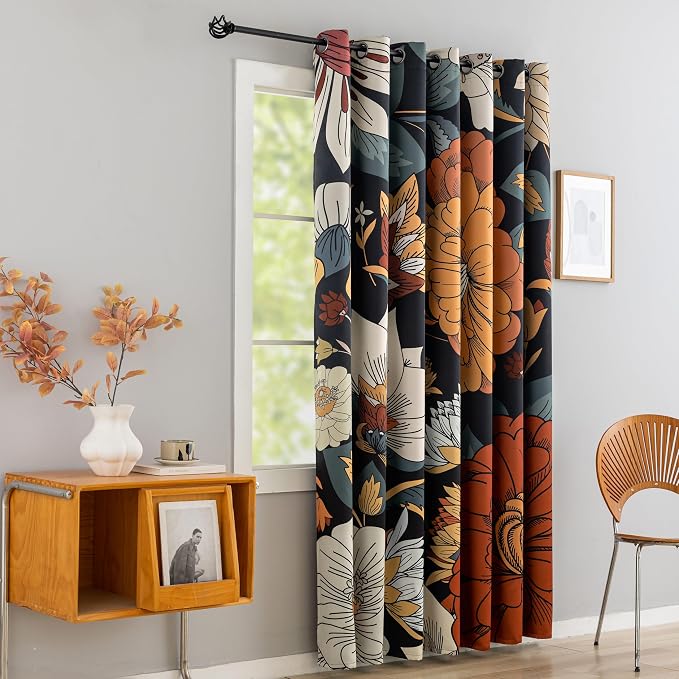 Tyrot Black Boho Floral Blackout Curtains for Sliding Glass Doors 84 inch Length Extra Wide Curtains for Patio Sliding Door Living Room, Grommet Room Divider Thermal Insulated Curtains, W100 x L84