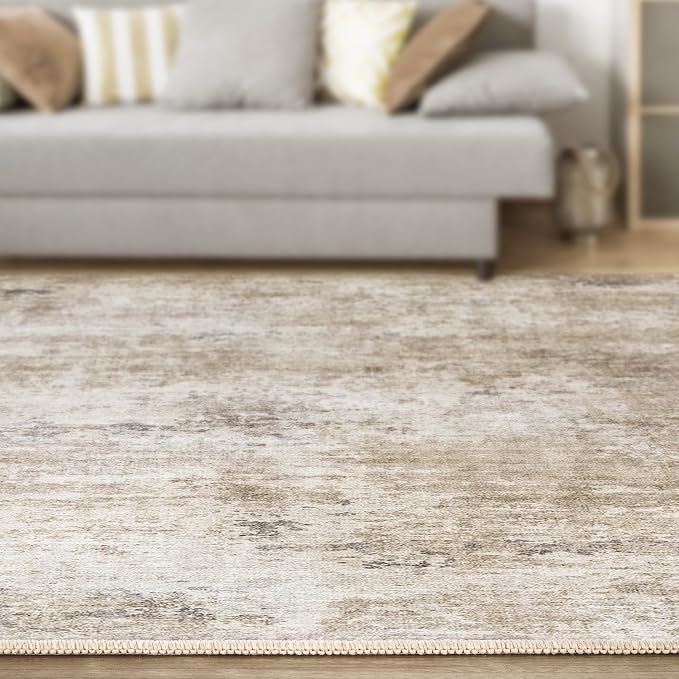 Abstract 5x7 Area Rug: Machine Washable Non Slip Ultra Thin Low-Pile Carpet, Soft Stain Resistant for Living Room Bedroom Nursery, Kid Pet Friendly, Robot Vacuum Compatible - Brown