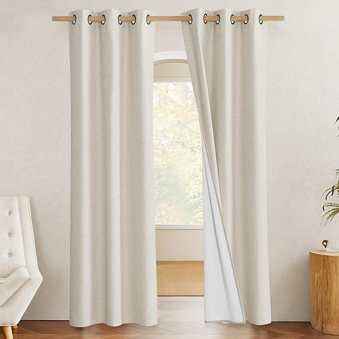 NICETOWN Farmhouse Style 100% Blackout Natural Linen Curtains 90 inches Length, 2 Panels, 42" W, Room Cooling Window Draperies with Thermal Insulated Liners for Dining Room