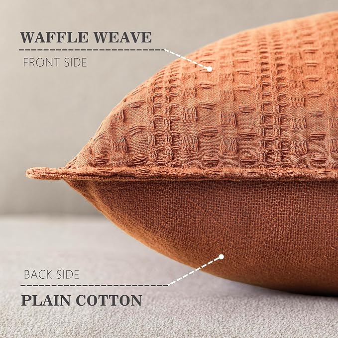 Foindtower Set of 2 Decorative Cotton Waffle Weave Throw Pillow Covers Euro Shams Cushion Covers Accent European Pillowcase for Bed Couch Sofa Bedroom Living Room Home Decor 24×24 Inch Burnt Orange