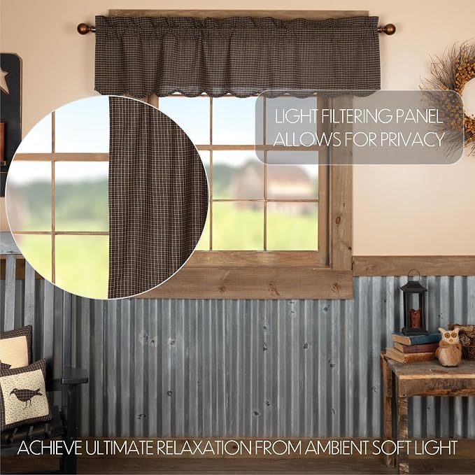 VHC Brands Kettle Grove Window Curtain, Plaid Valance Scalloped, Black, 16x60