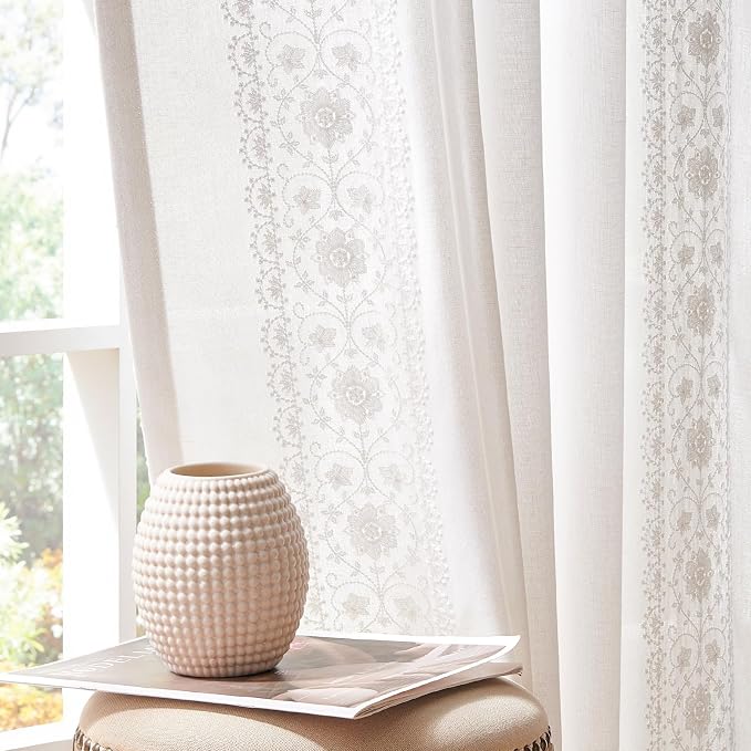 jinchan Weslie White Linen Curtains for Bedroom Vintage Floral Farmhouse Curtains 63 Inches Long Linen Drapes for Living Room Embroidered Light Filtering Drapes Rustic Cottagecore Off White 2 Panels