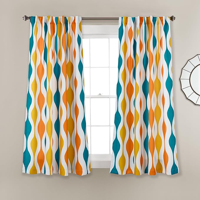 Lush Decor Mid Century Geo Room Darkening Window Curtain Panels Pair 52" W x 63" L Turquoise & Orange - Retro Curtains for Living Room - Vintage Drapes