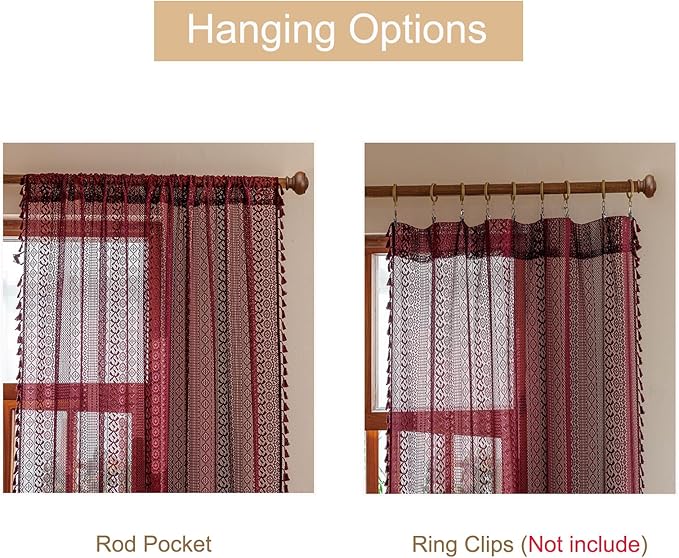 Sutuo Home Burgundy Boho Lace Curtains 72 inch Lengh for Nursery Bedroom Bathroom, Red Semi Sheer Curtains Privacy Crochet Vintage Tassels Bohemian Drapes Window Treatments Rod Pocket, 2 Panels 50" W