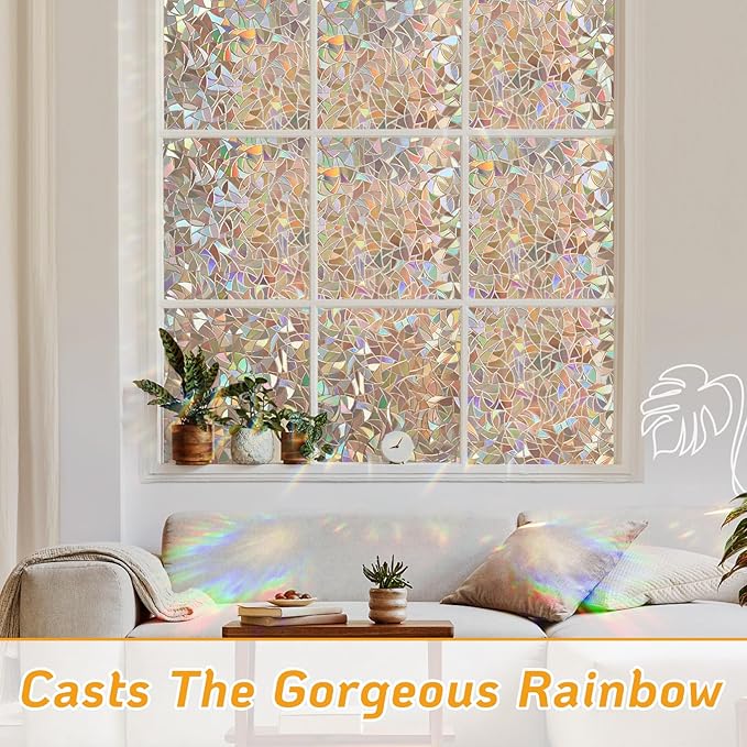 LUTE Window Privacy Film, Rainbow Window Flim, 3D Decorative Stained Glass Cling, Non-Adhesive Vinyl Static Cling Removable Glass Sticker, Sun UV Blocking Covering for Home, Brown, 35.4 x 157.4 inches
