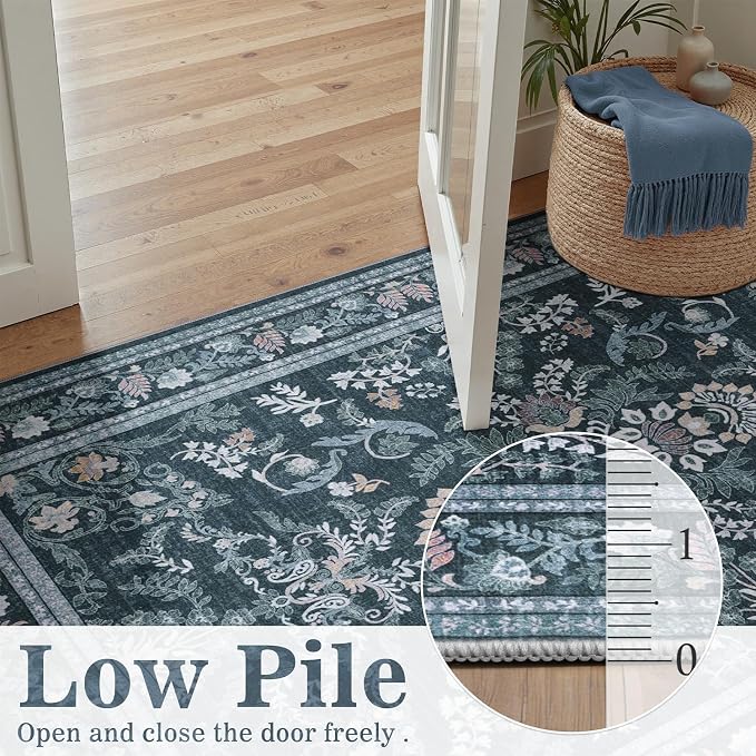 DCX Navy Blue 4x6 Area Rug, Machine Washable Non Slip Stain Resistant Soft Vintage Floral Rug, for Living Room, Bedroom, Dining Room, Soft Low Pile Large Carpet
