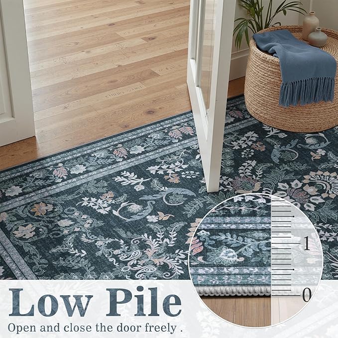DCX Washable Runner Rug 2x6, Blue Vintage Floral Hallway Rug with Non Slip Rubber Backing, Soft Low Pile Kitchen Runner Rug, Machine Washable Area Rug for Entryway, Laundry Room, Bathroom