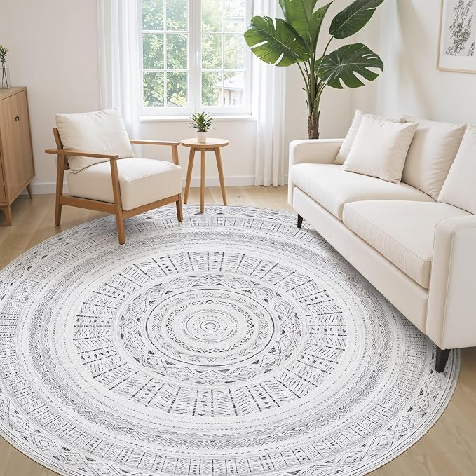 cotiled 8x8 Round Area Rugs Living Room Rug: Washable Boho Rugs with Non Slip Backing Large Soft Indoor Stain Resistant Carpet for Bedroom Farmhouse Dining Room Lightweight Home Decor Dark Grey