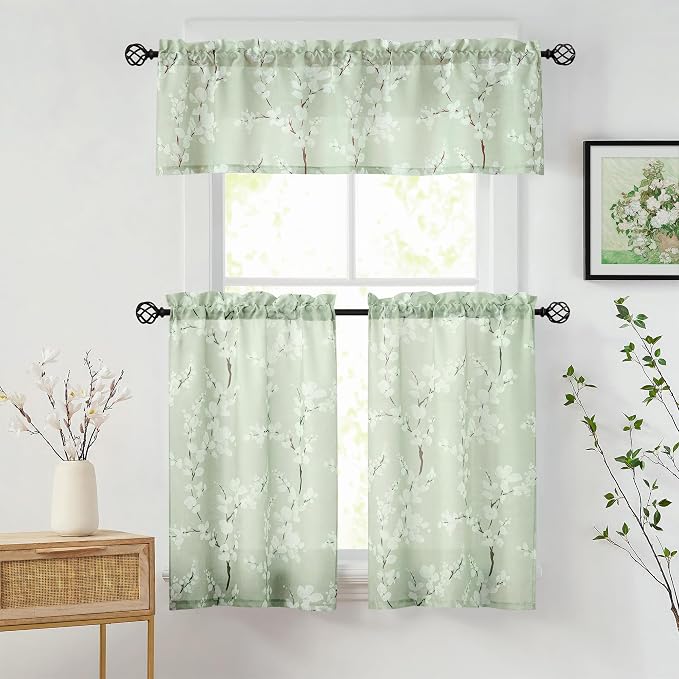 FMFUNCTEX Green White Kitchen Tier Curtains 24 Inch Length Blossom Print Half Window Drapes for Bathroom Floral Patterned Light Filtering Privacy Protected Café Curtain Panels Rod Pocket 2 Panels