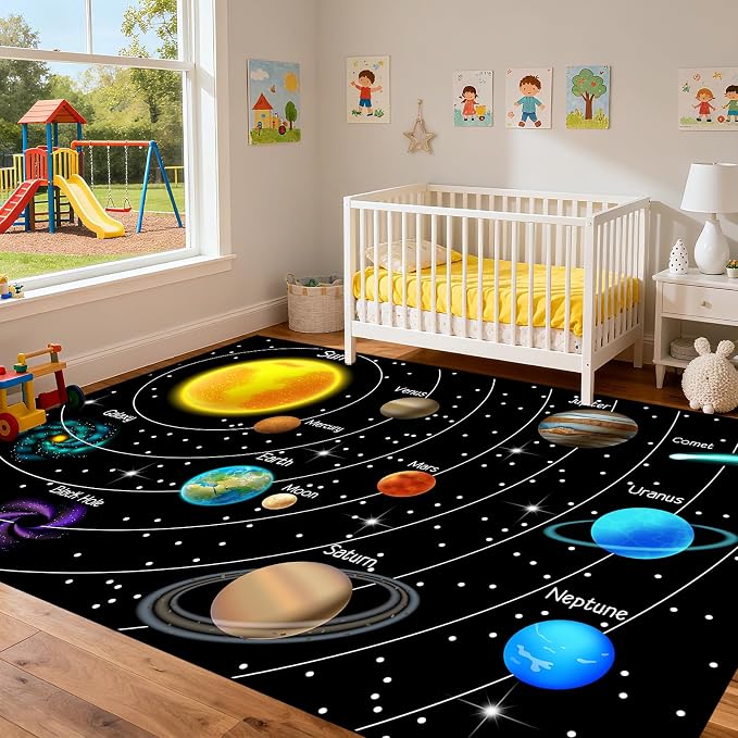 Space Rug for Boys Room - 9x12 Feet Space Rug Solar System Planet Theme Carpet Decor for Playroom Educational Learning for Classroom Deco