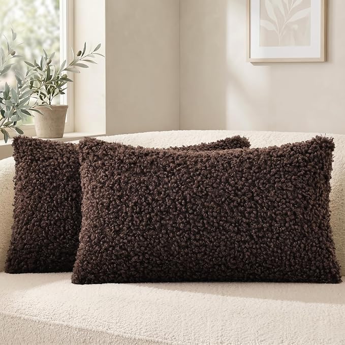 decorUhome Pack of 2 Throw Pillow Covers 12x20 Inch, Faux Fur Decorative Sherpa Pillow Covers Fuzzy Accent Soft Sheepskin Fleece Pillow Cases for Couch Living Room Bed, Chocolate