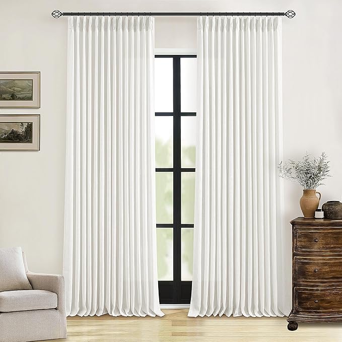 Pinch Pleated Linen Curtains 94 Inches Long for Living Room Bedroom Light Filtering Boho Window Drape 94 inch 2 Panels with Hooks Rings Cream Beige White Sliding Glass Door Semi Sheer Curtain