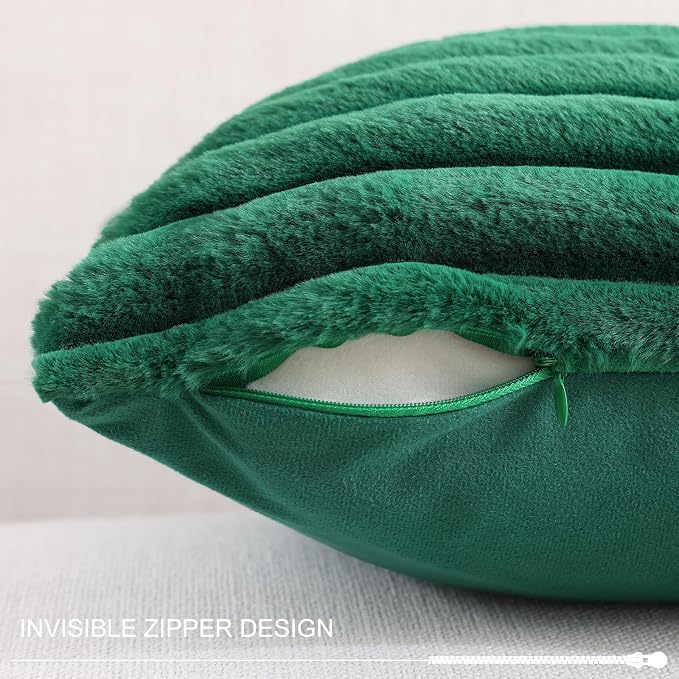 Pallene Faux Fur Plush Lumbar Throw Pillow Covers 12x20 Set of 2, Luxury Soft Fluffy Striped Decorative Pillow Covers for Sofa, Couch, Living Room, Christmas Green