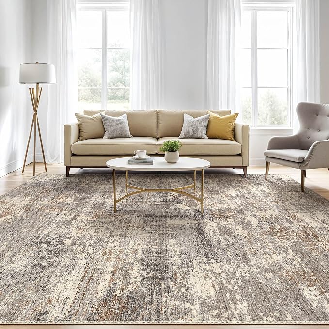 5x8 Area Rugs Living Room: Washable Large Abstract Neutral Modern Soft Rug Stain Resistant Indoor Floor Non-Slip Accent Carpet for Bedroom Nursery Playroom Dining Room Office Home- Sand Brown Black