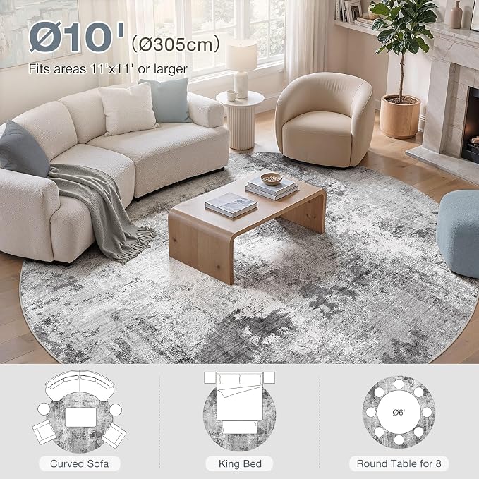 Abstract 10FT Round Rug: Machine Washable Non Slip Ultra Thin Low-Pile Carpet, Soft Stain Resistant for Living Dining Room Bedroom, Kid Pet Friendly, Robot Vacuum Compatible - Grey